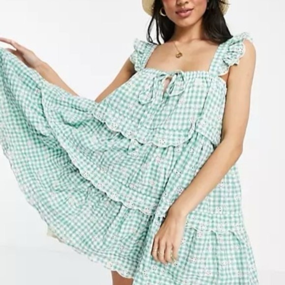 Just Me gingham baby doll eyelet mini dress in green